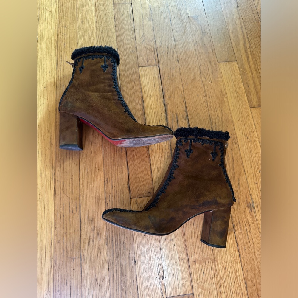 90s Vintage Christian Louboutin Brown Heeled Ankle Booties w Cord Detailing